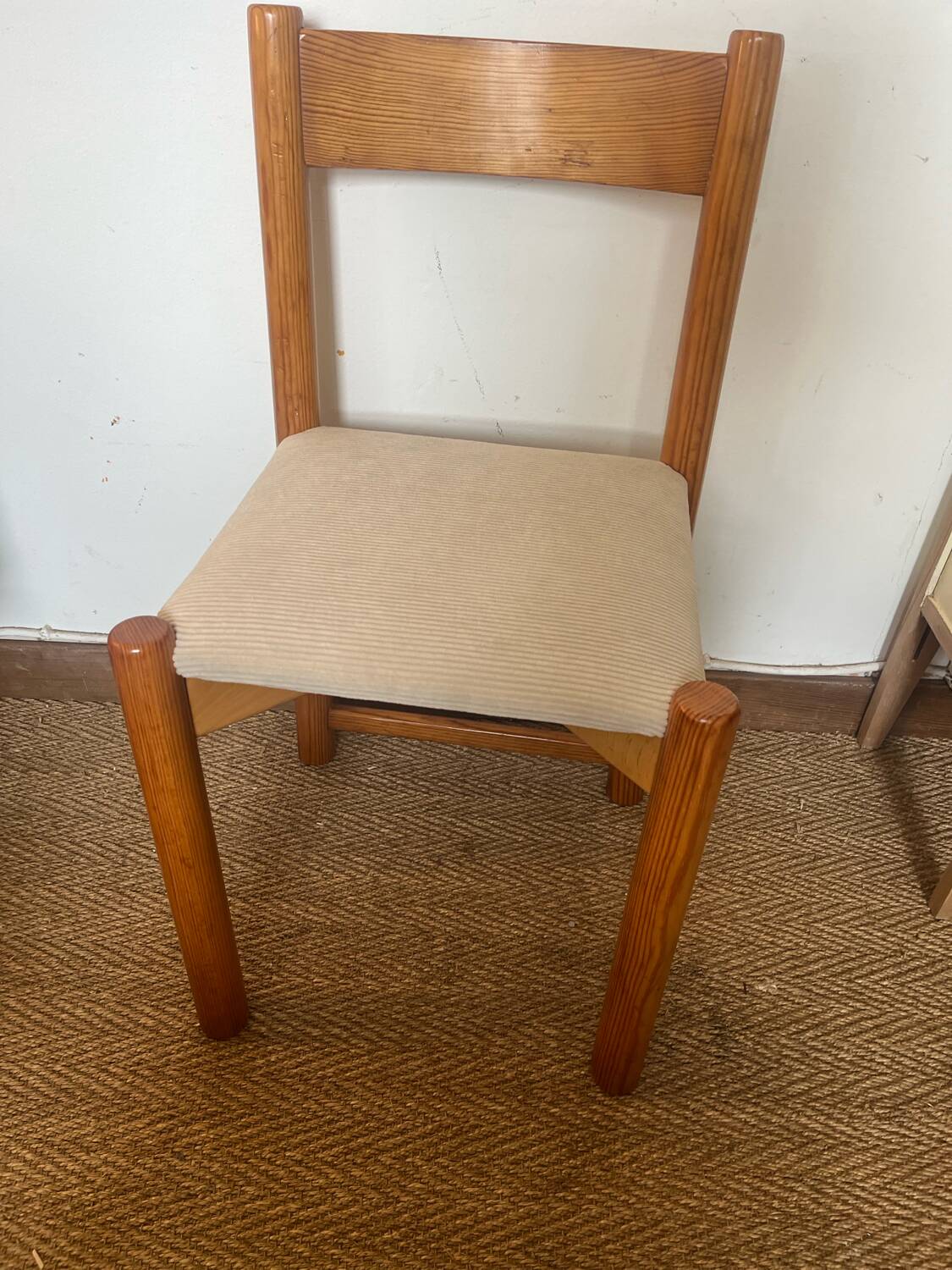 Vintage wooden chair with cream white corduroy seat