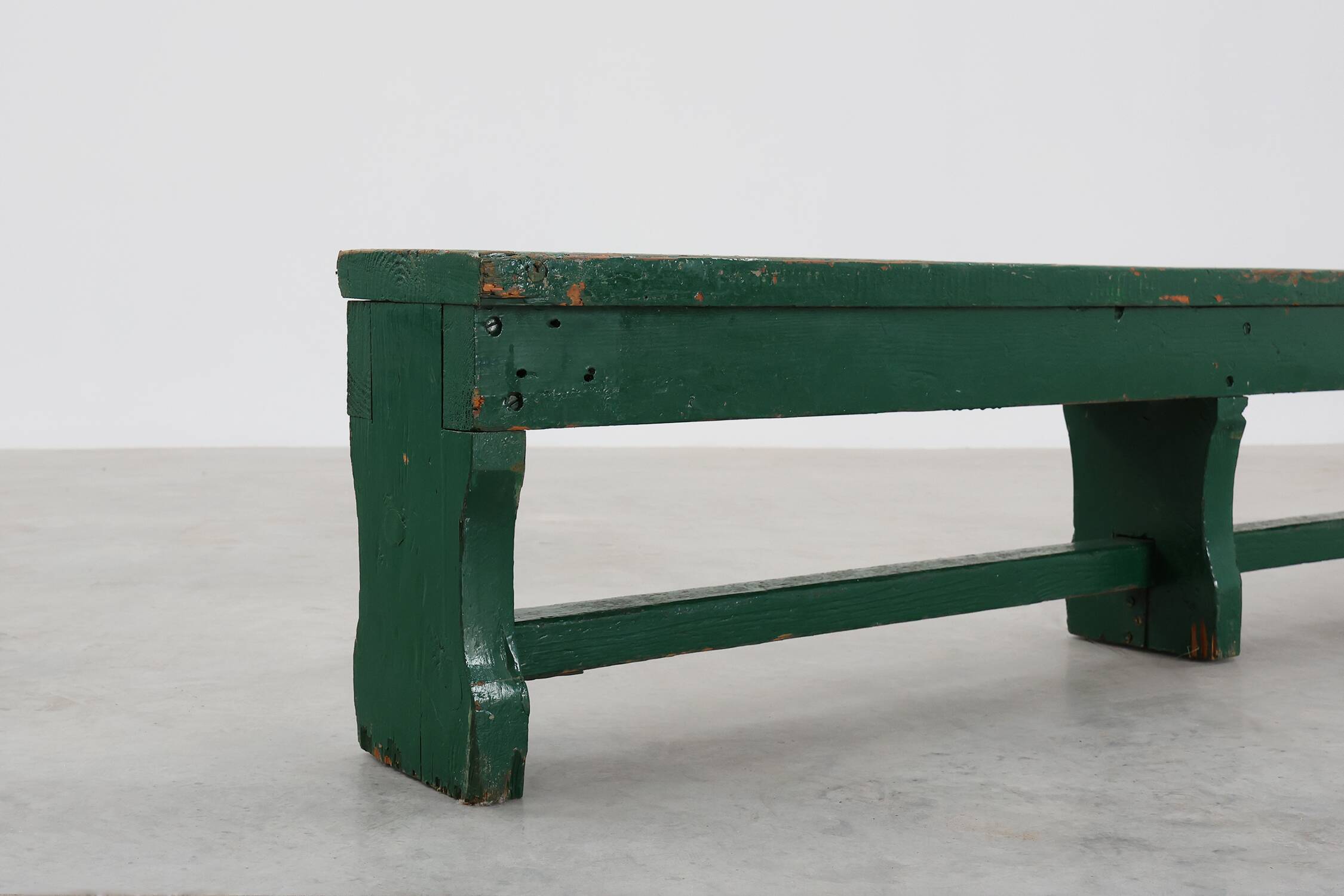 Rustic primitive green farmhouse bench in solid oak, France ca. 1900
