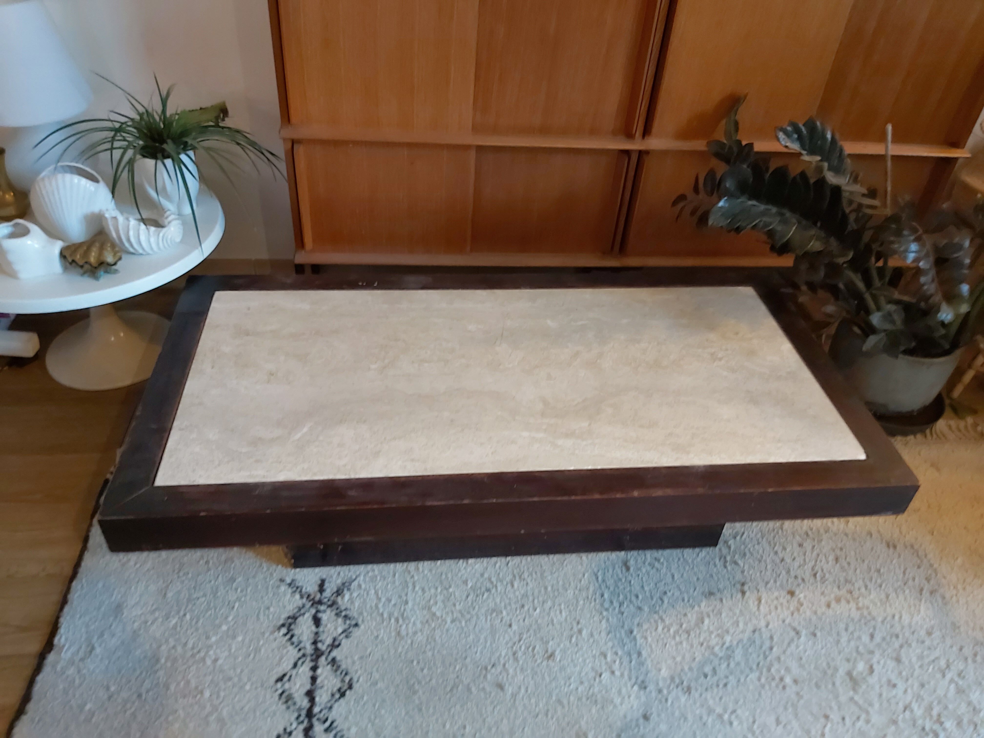 Coffee table 70s and wood and travertine