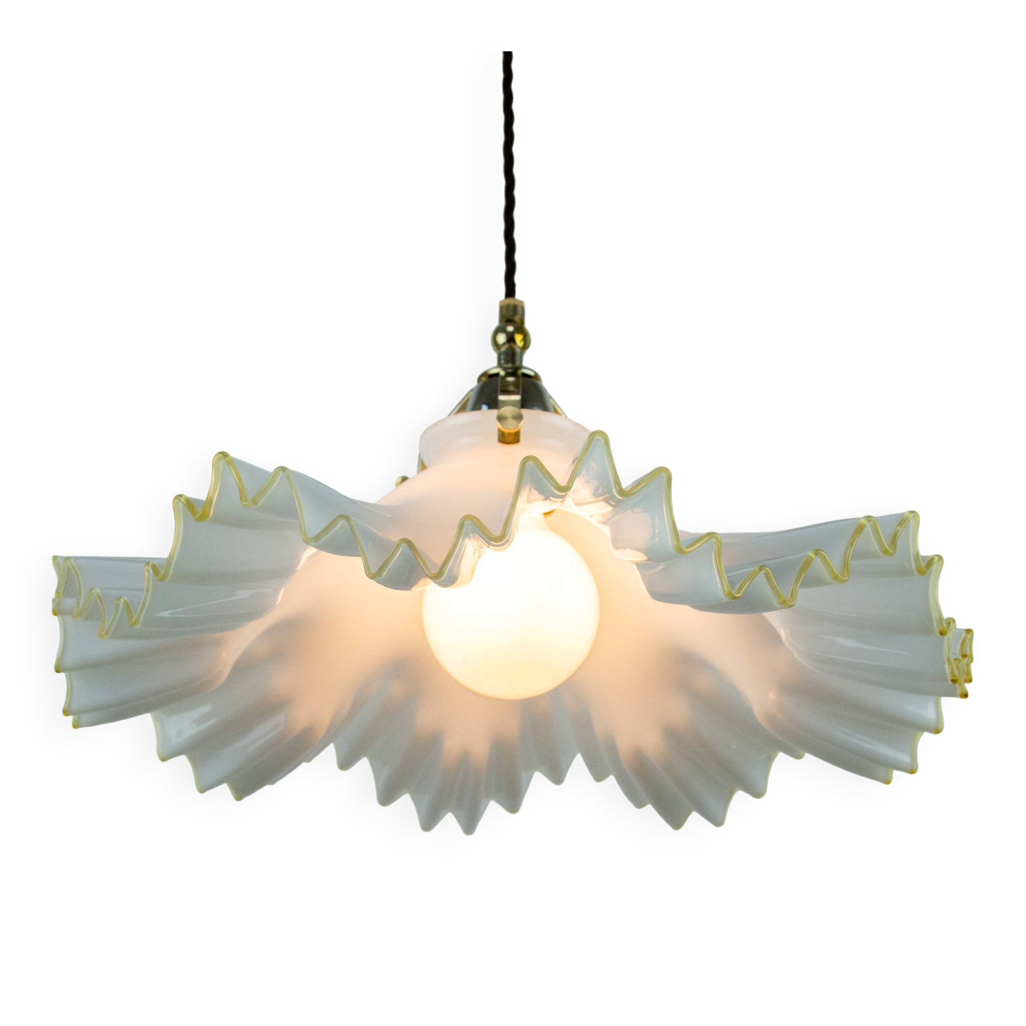 Murano Style White Ruffled Italian Hanging Glass Lamp From The 1970s