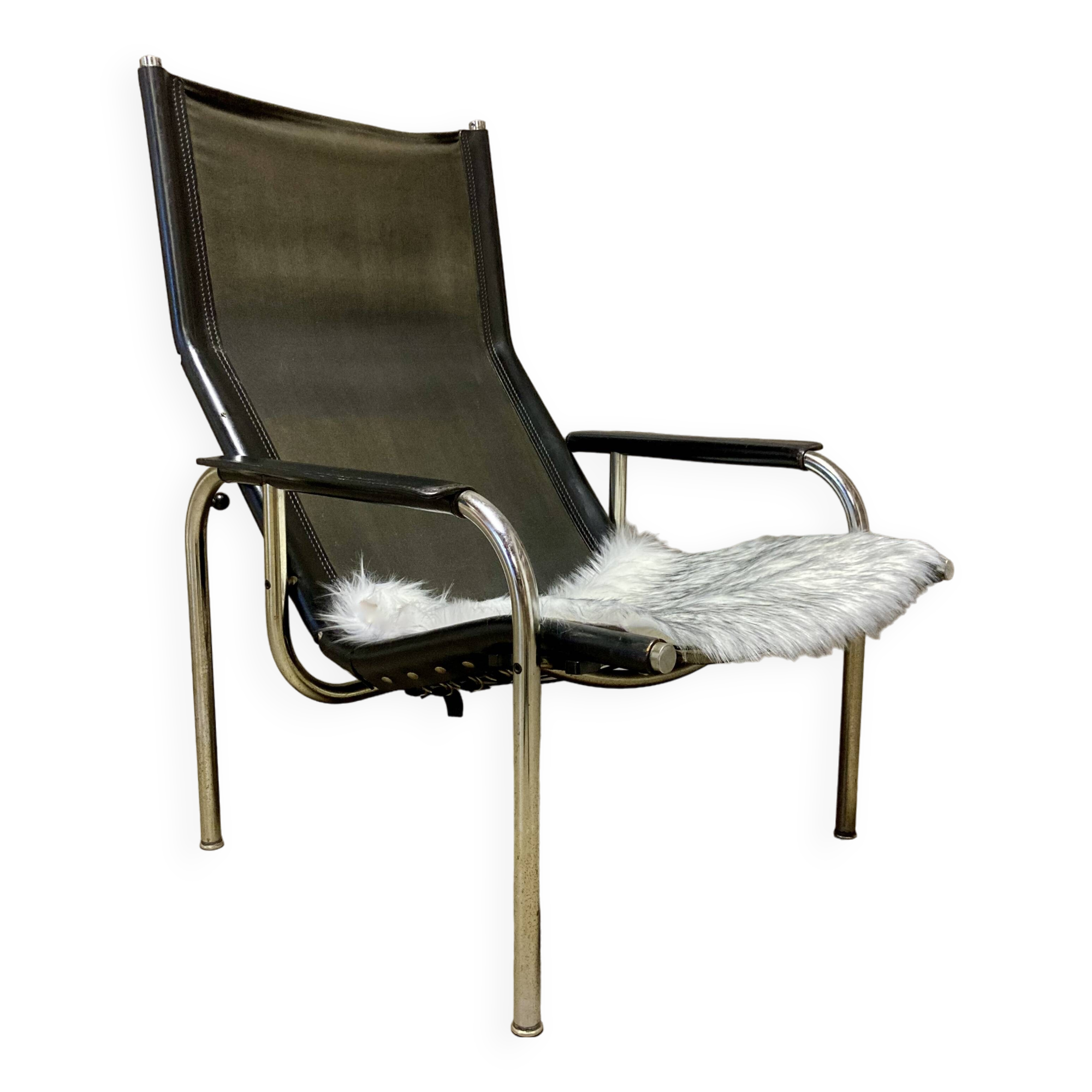 Black leather reclining relax armchair, 1960s design.