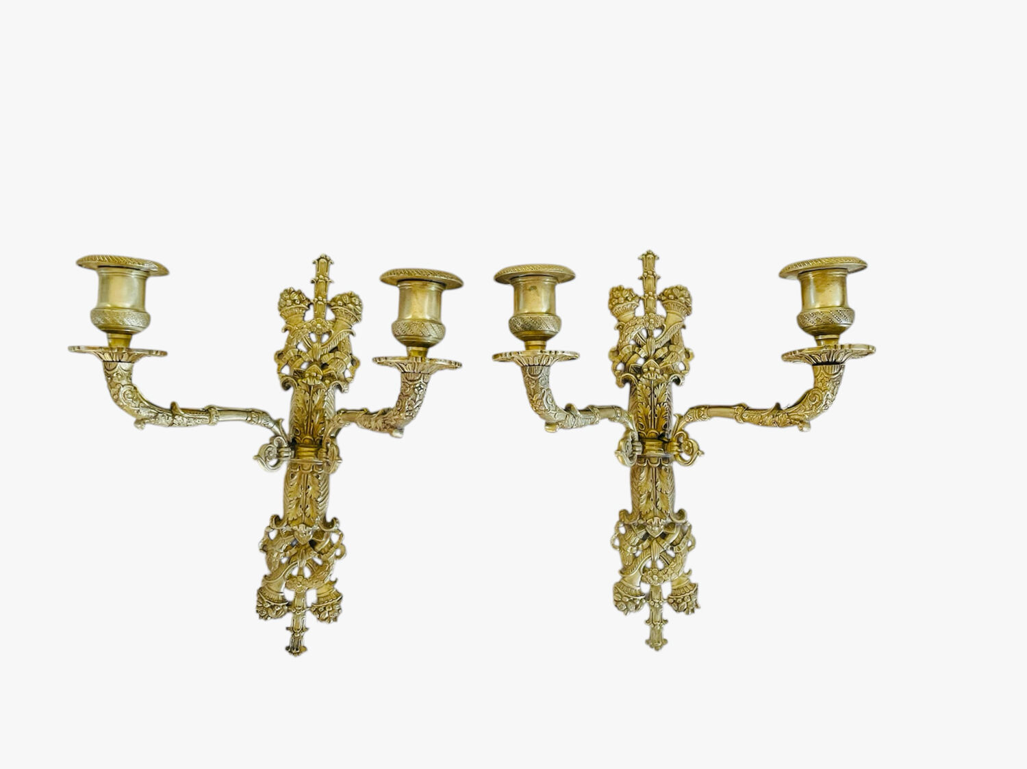 Pair of antique wall sconces in bronze - Louis XVI style / Saying