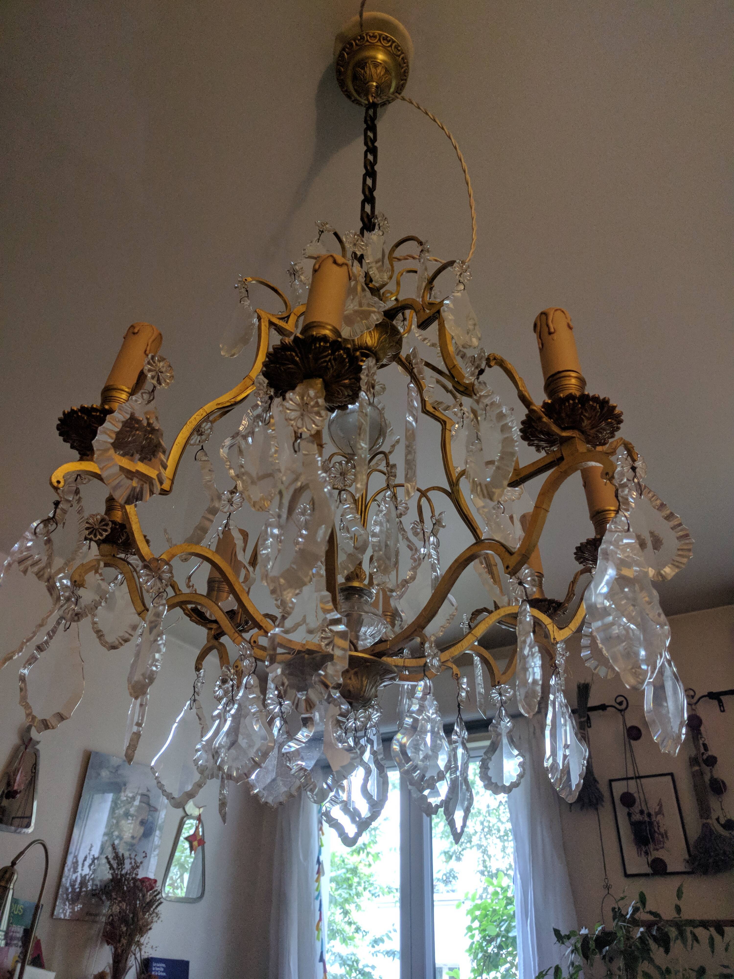 Old chandelier 8 branches bronze and Bohemian crystal late nineteenth