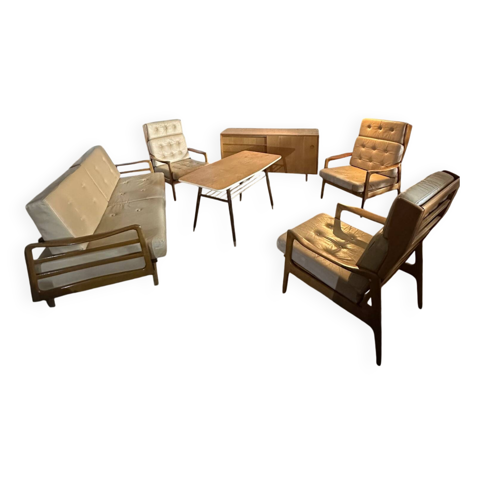 Scandinavian Style Sofa + Three Armchairs Set in Light Wood and Leather