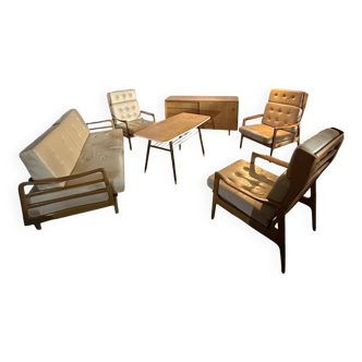 Ensemble Canapé + Trois Fauteuils Style Scandinave en Bois Clair et Cuir