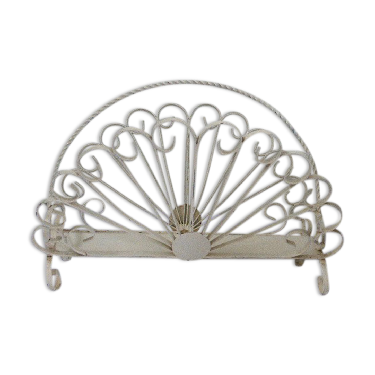 Magazine rack in white wrought iron the wheel of the peacock 1950
