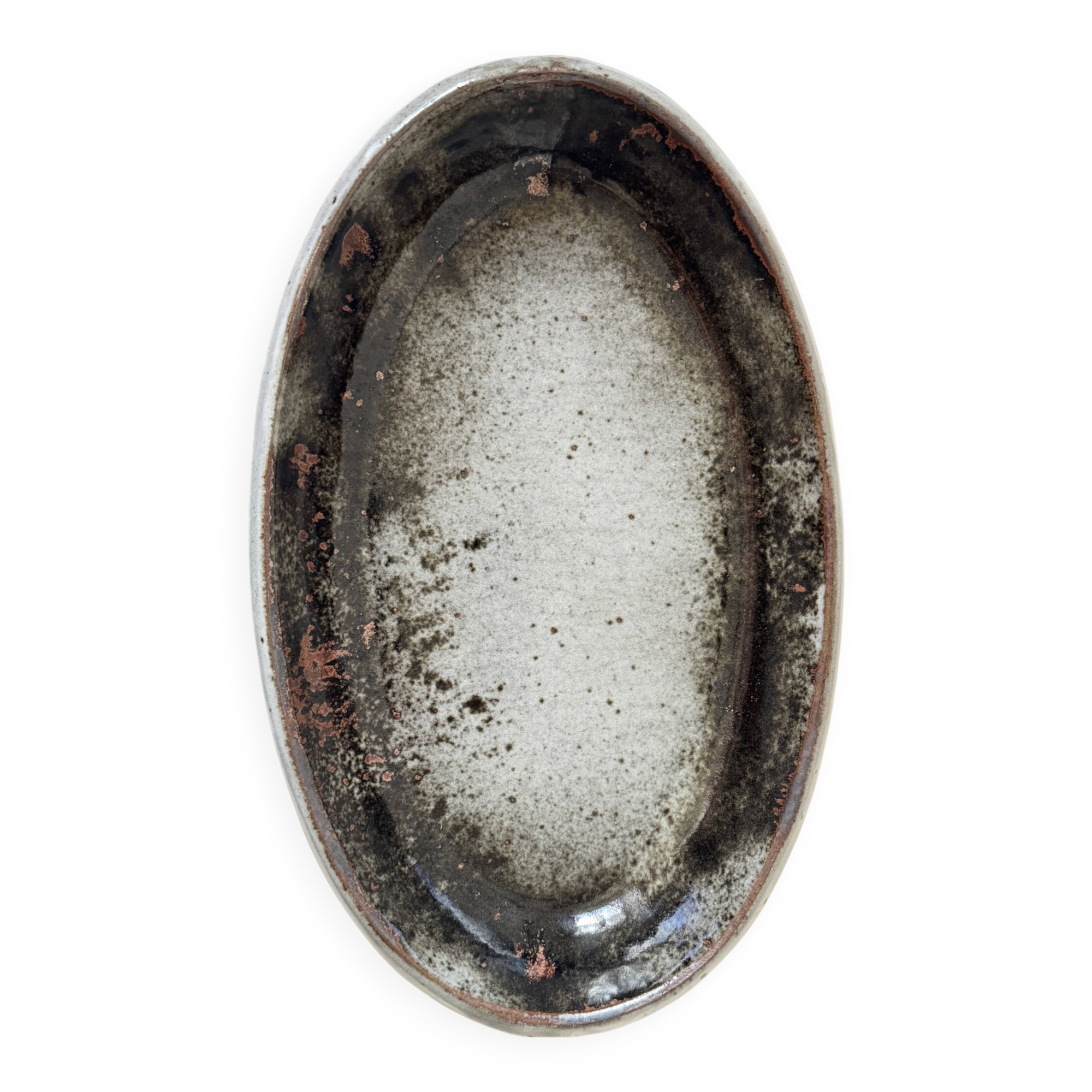 Large glazed stoneware dish from Loir, enamelled & signed, Chantal & Thierry Robert 1970.