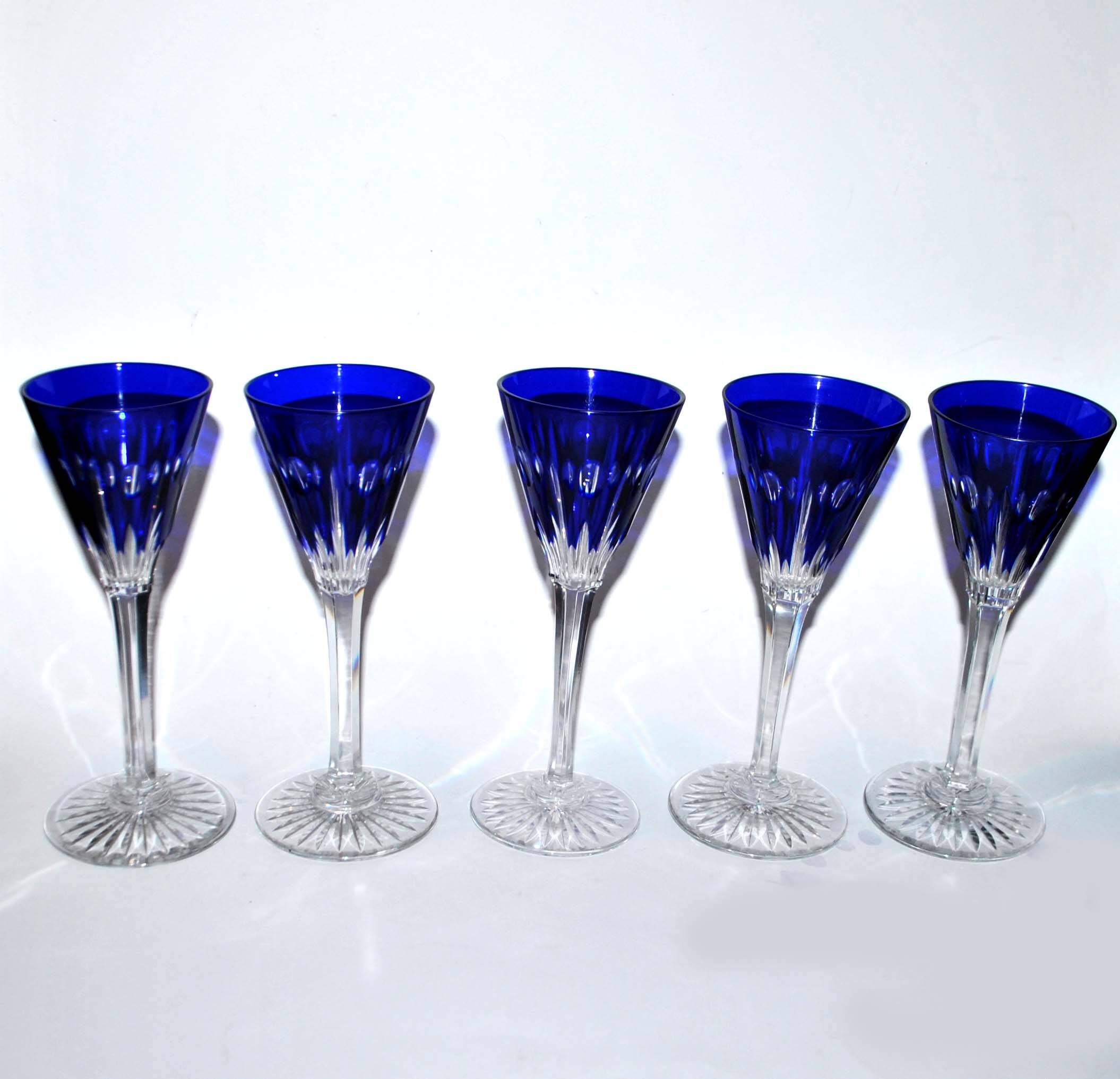 Set of 5 Roemers Nelly glasses in cut crystal from Saint-Louis, cobalt blue color, 1930