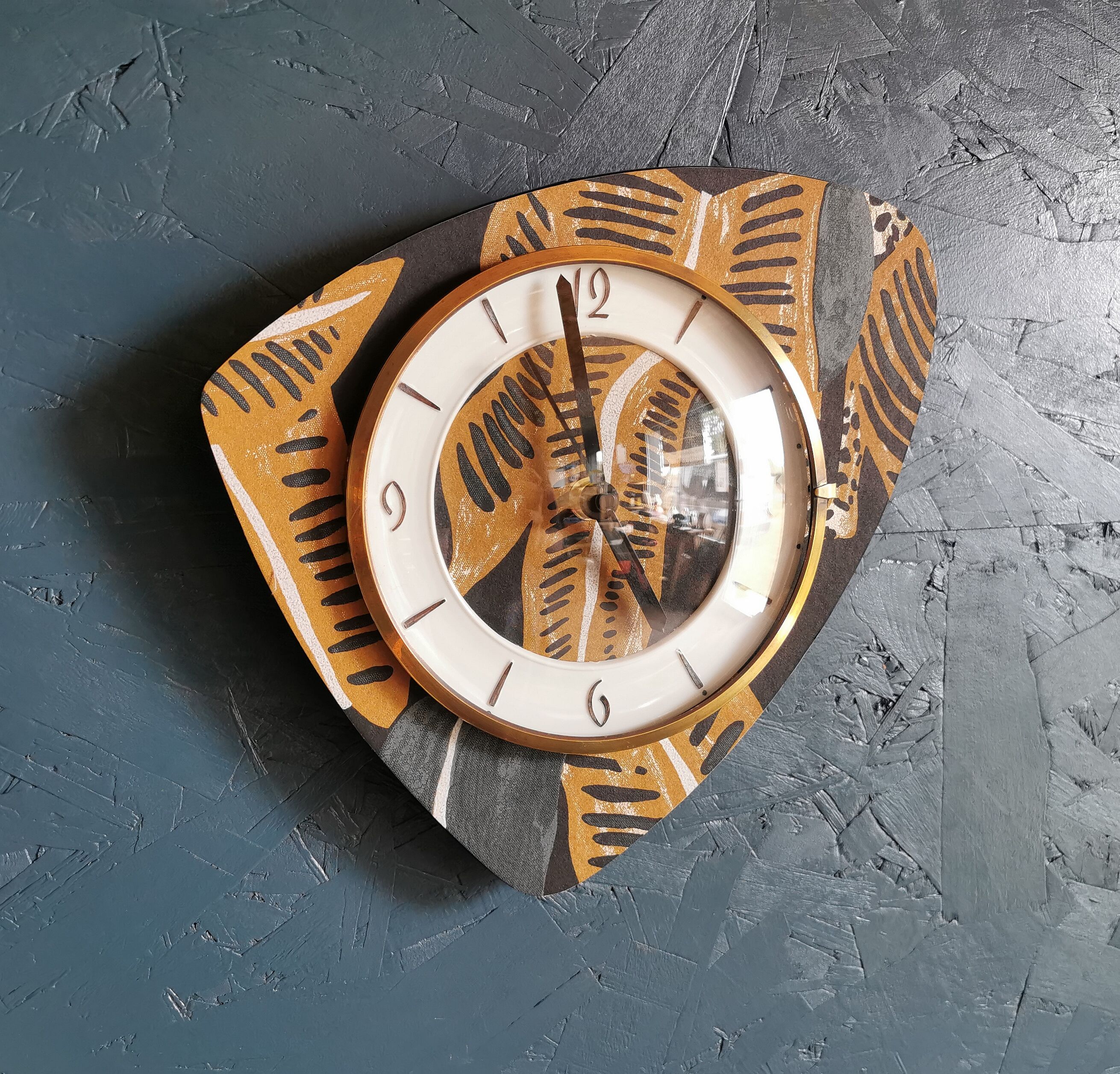 Vintage formica clock asymmetrical silent wall clock "Ochre gray black"