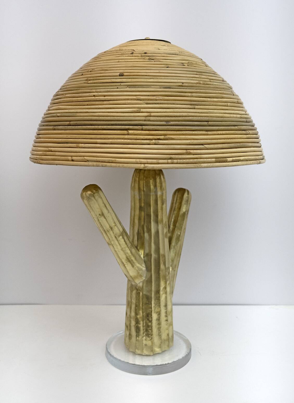 Pair of Hollywood Regency Rattan and Brass Cactus Lamps, Italy, 1990s