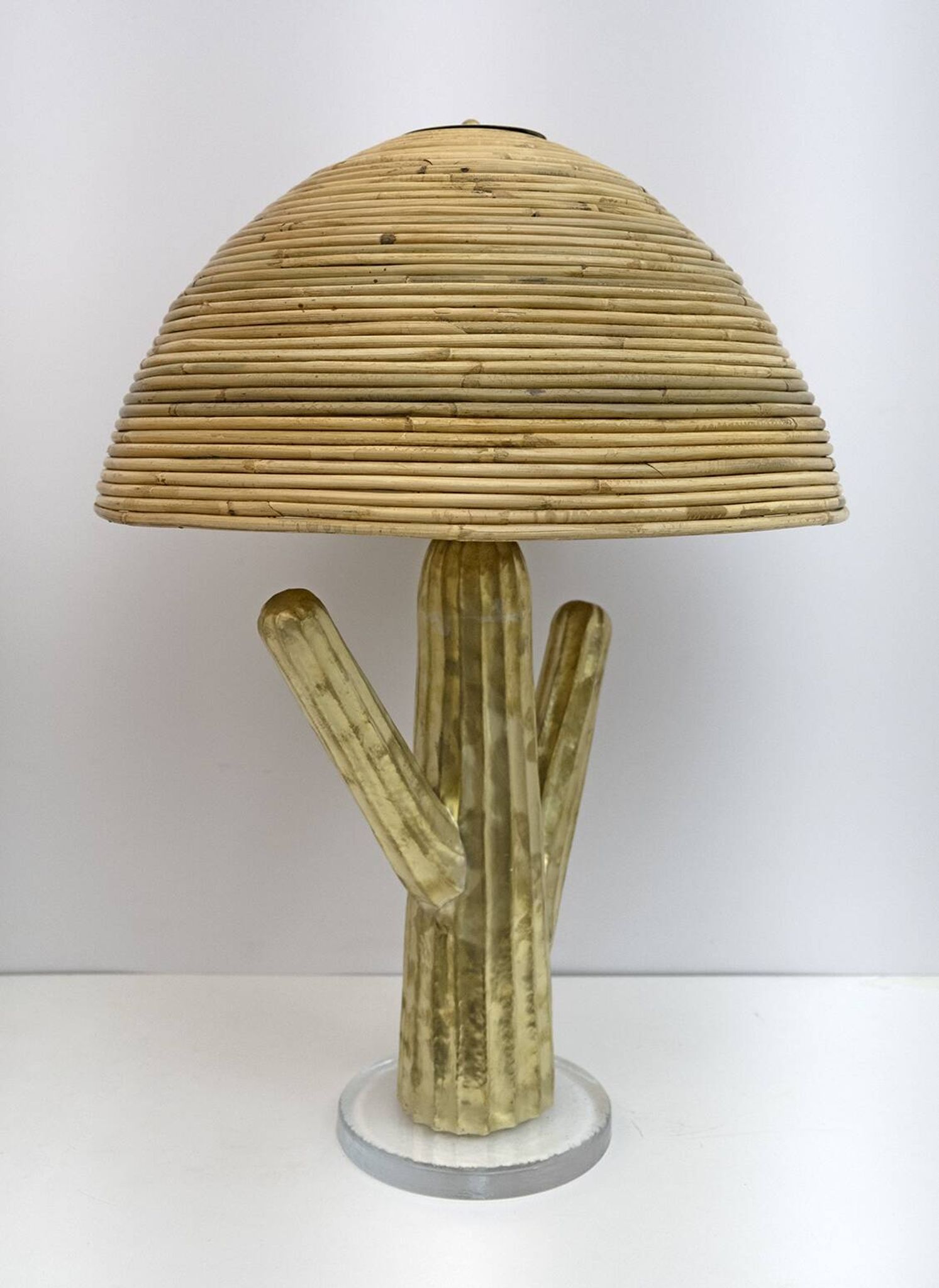 Pair of Hollywood Regency Rattan and Brass Cactus Lamps, Italy, 1990s