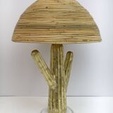 Pair of Hollywood Regency Rattan and Brass Cactus Lamps, Italy, 1990s