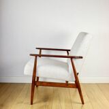 Armchair 'Lis', 1970s, white boucle, design by Henryk Lis - dark wood - 2 pieces available