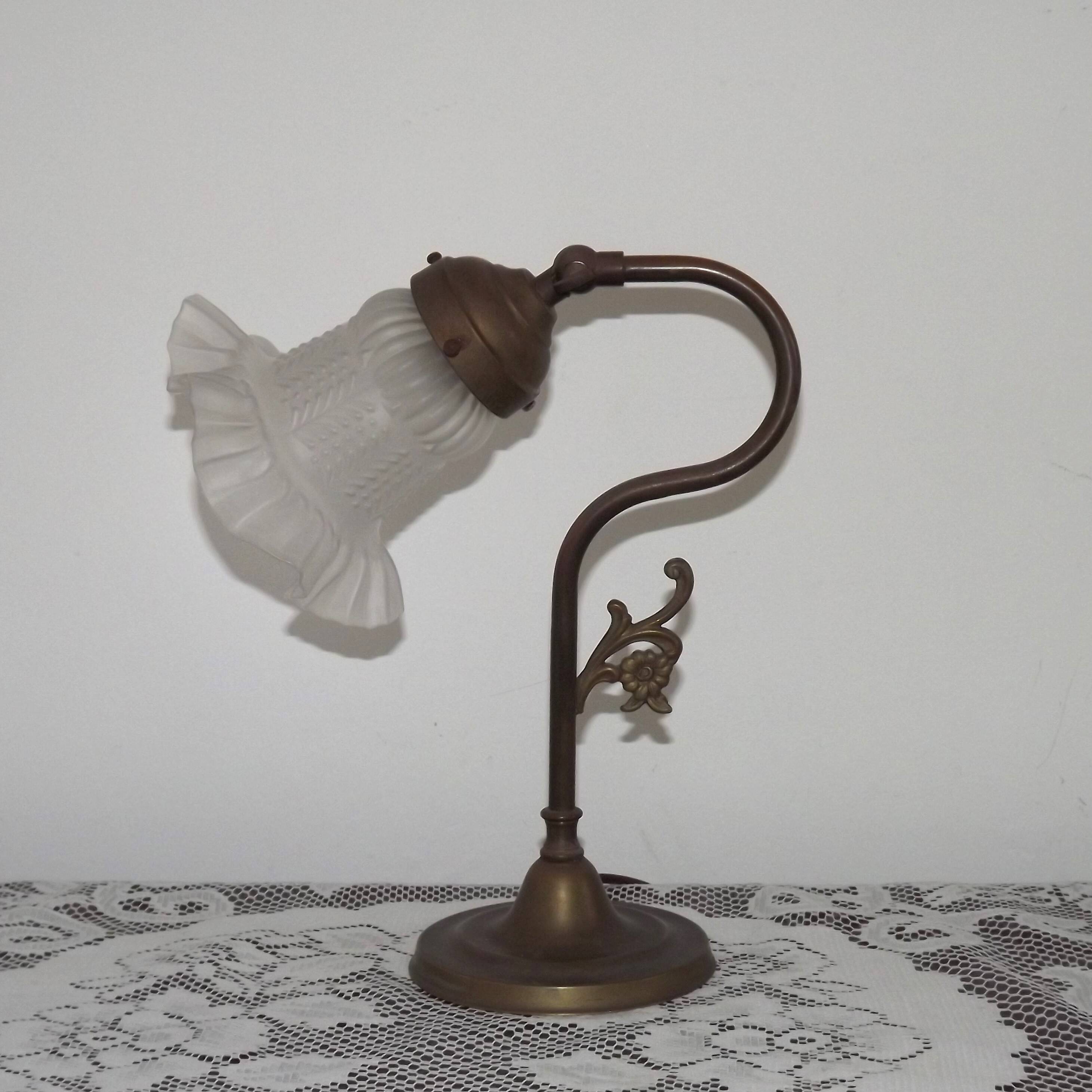 Vintage French Brass Anglepoise Table Lamp with Opaque Patterned Glass Shade 5087