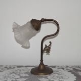 Vintage French Brass Anglepoise Table Lamp With Opaque Patterned Glass Shade 5087