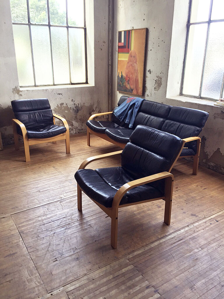 Danish sofa and armchairs curved wood and leather