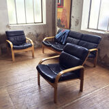 Danish sofa and armchairs curved wood and leather