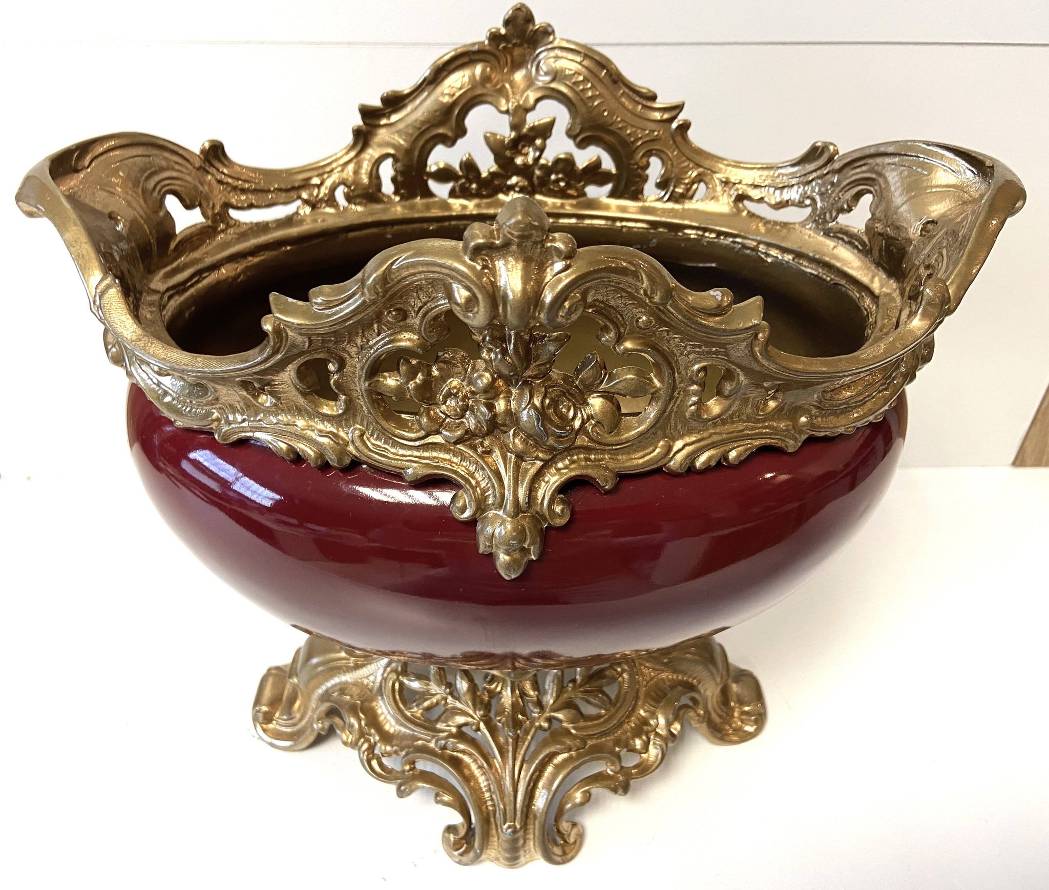 Antique Napoleon III Centrepiece Jardinière in Gilded Metal and Faience
