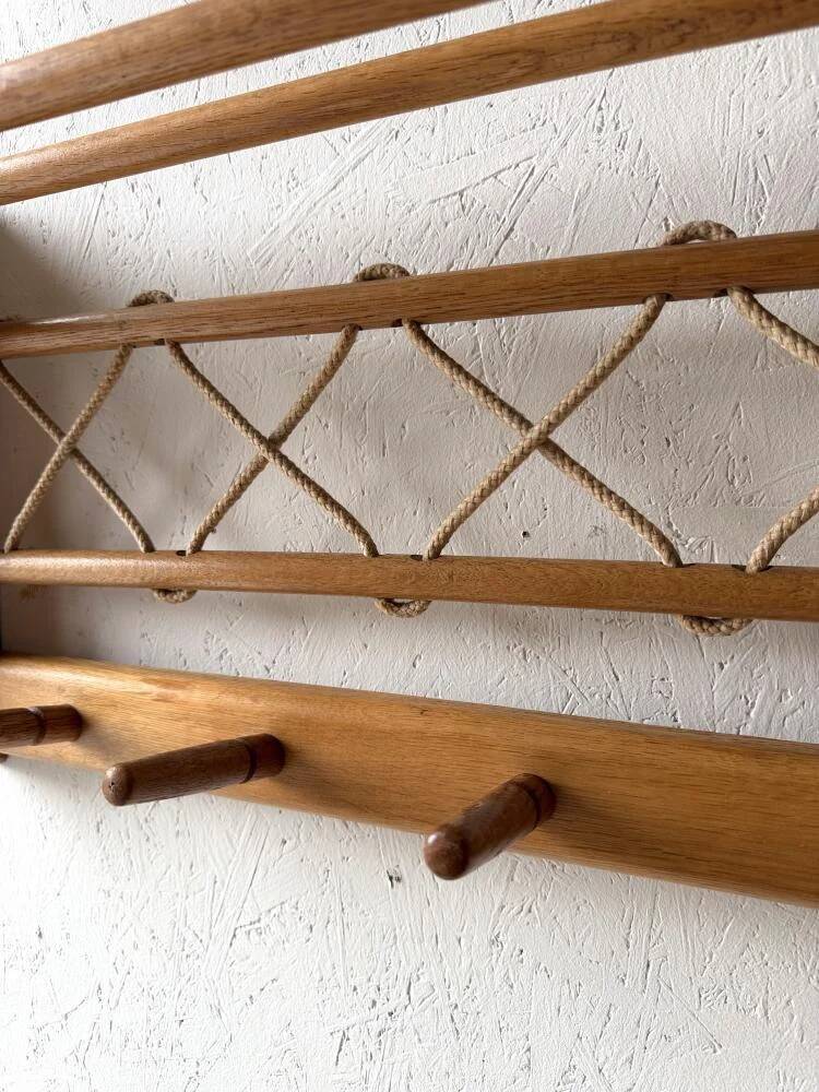 Vintage oak wall coat rack with braided cord 1960s