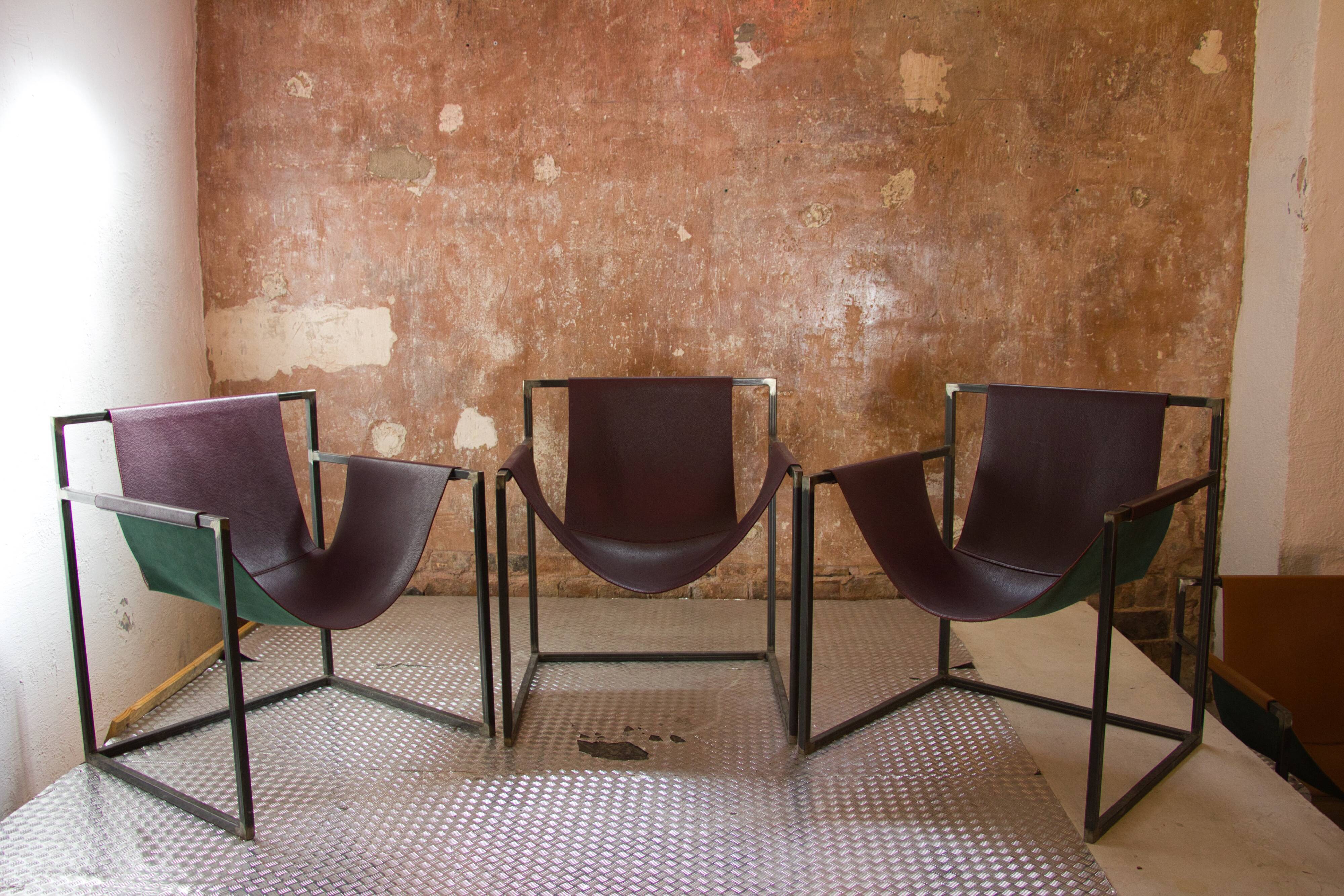 Burgundy leather armchair metal style indus contemporary design