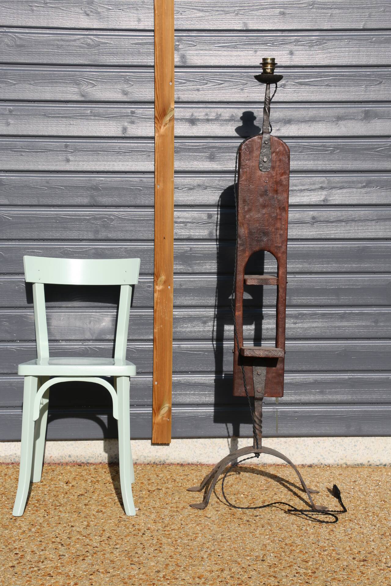 Brutalist wrought iron wood floor lamp