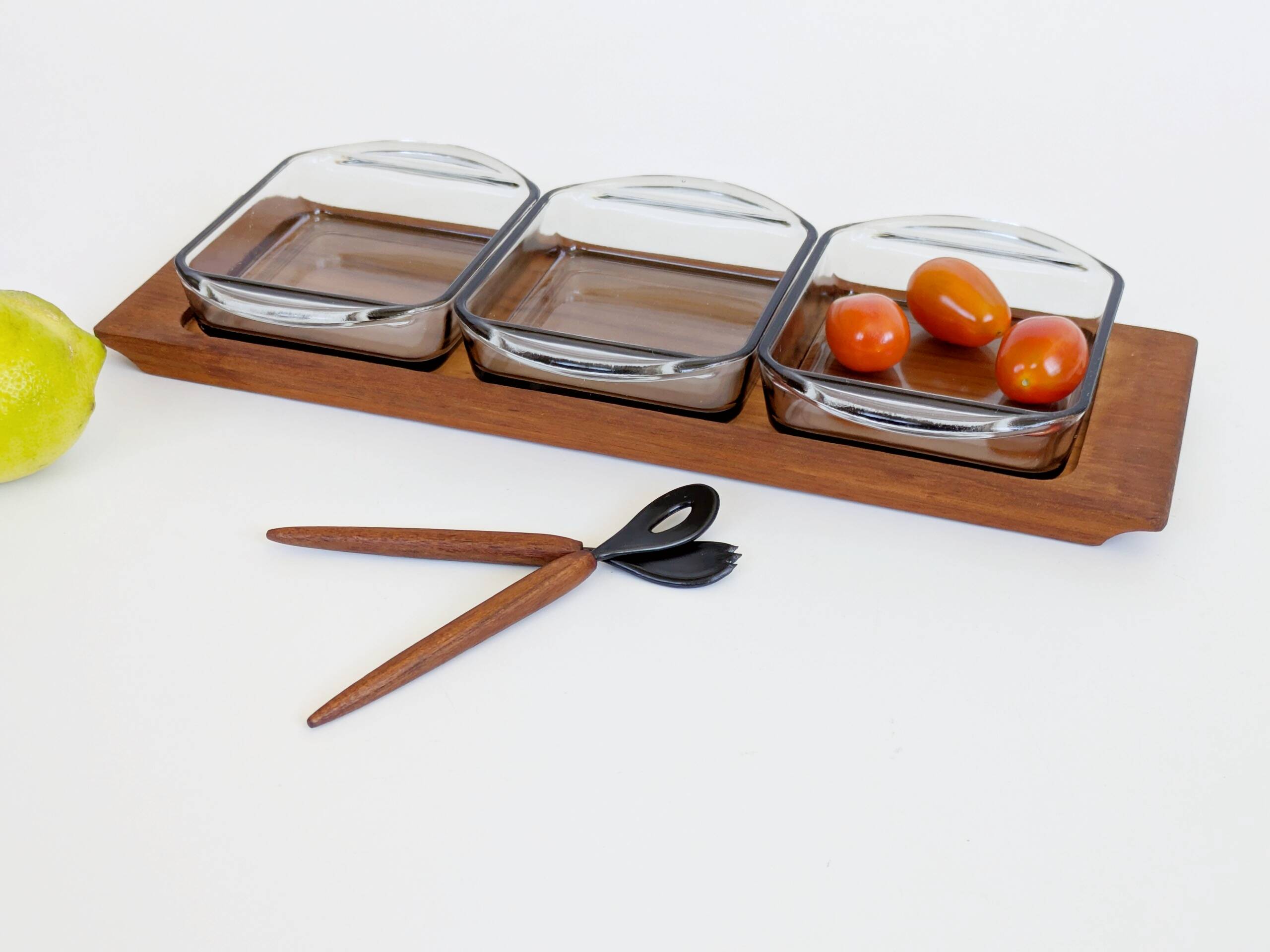 Danish vintage service teak tray, smoked glass bowls, spoon fork.
