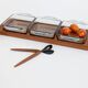 Danish vintage service teak tray, smoked glass bowls, spoon fork.