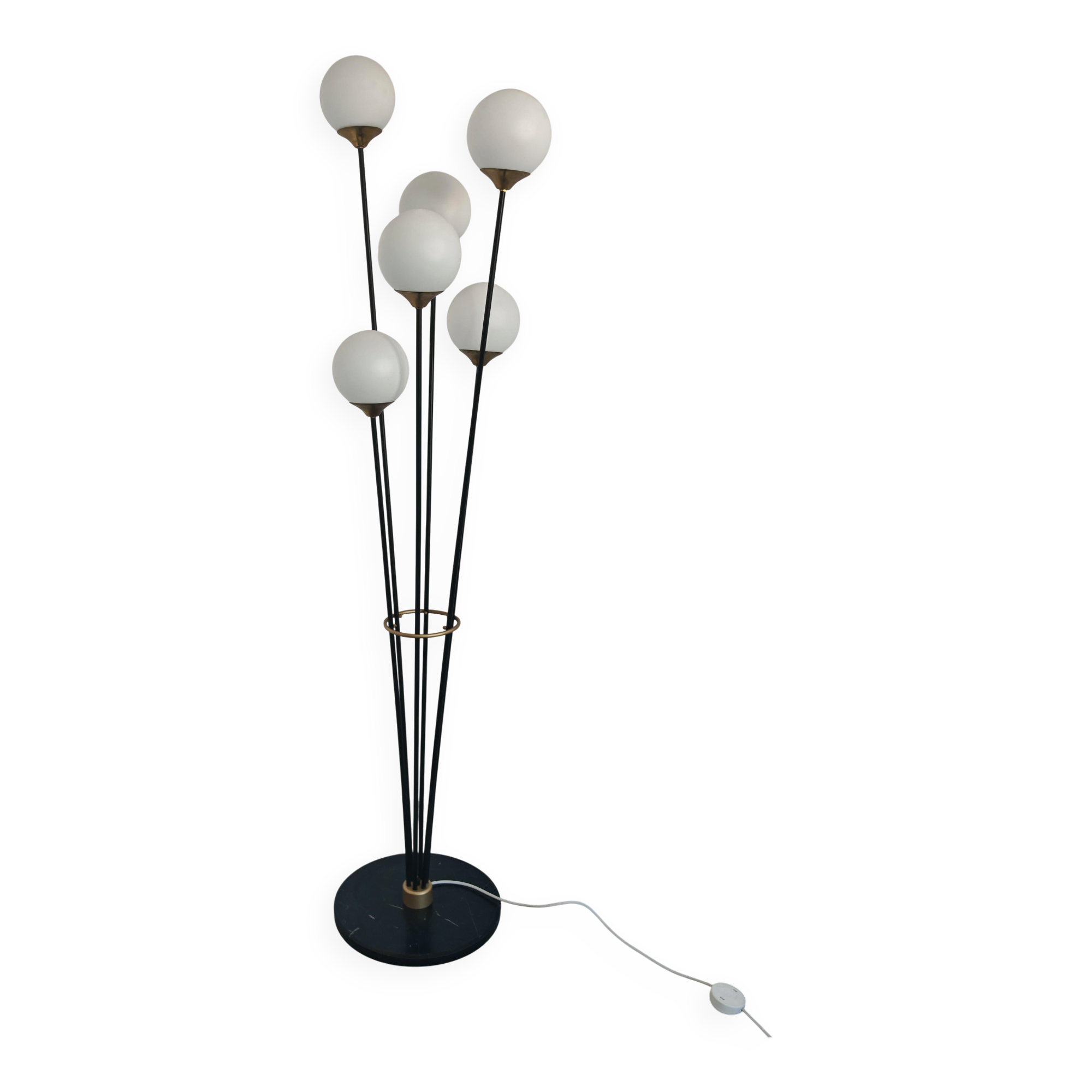 Mid Century Modern floor lamp in brass, marble, and opaline glass attributed to Stilnovo.