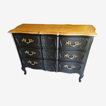 Commode Louis XV noir mat et plateau bois brut