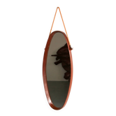 Miroir ovale italien des années 50 en teck courbé, corde et cuir, années 1960