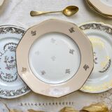 8 petites assiettes vintage dépareillées en porcelaine française Limoges, Orchies - motifs fleurs dorées et oiseau