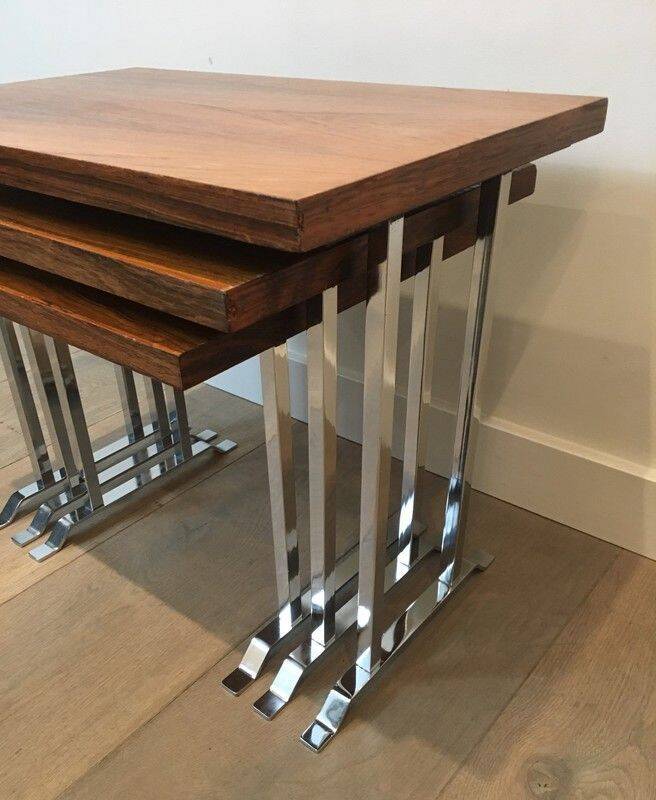 Set of 3 nesting tables in exotic wood and chrome