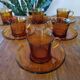 Set of 6 cups & saucers vintage Duralex amber glass signed