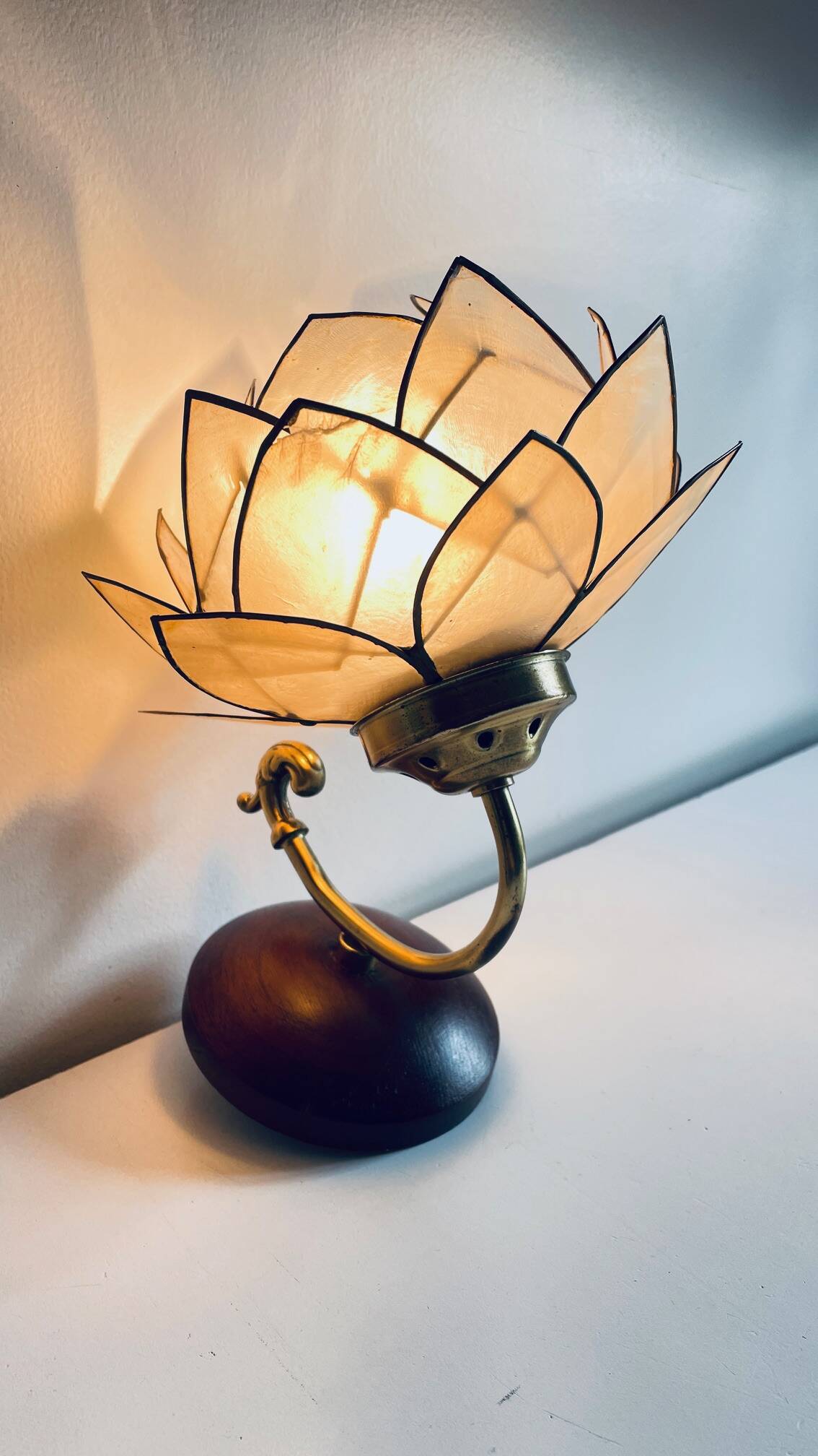 Vintage mother-of-pearl and brass flower wall lamp