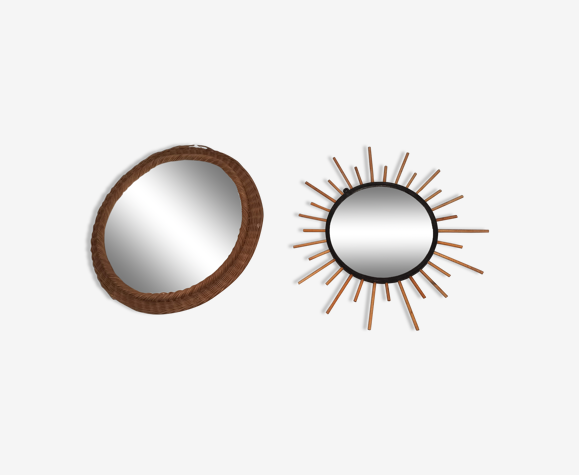 Lot 2 miroirs soleil en rotin, ronds