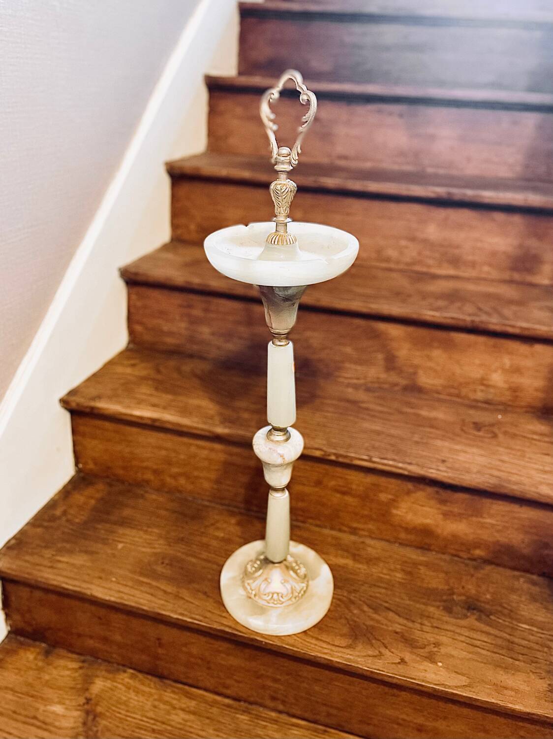 Onix and brass pedestal ashtray