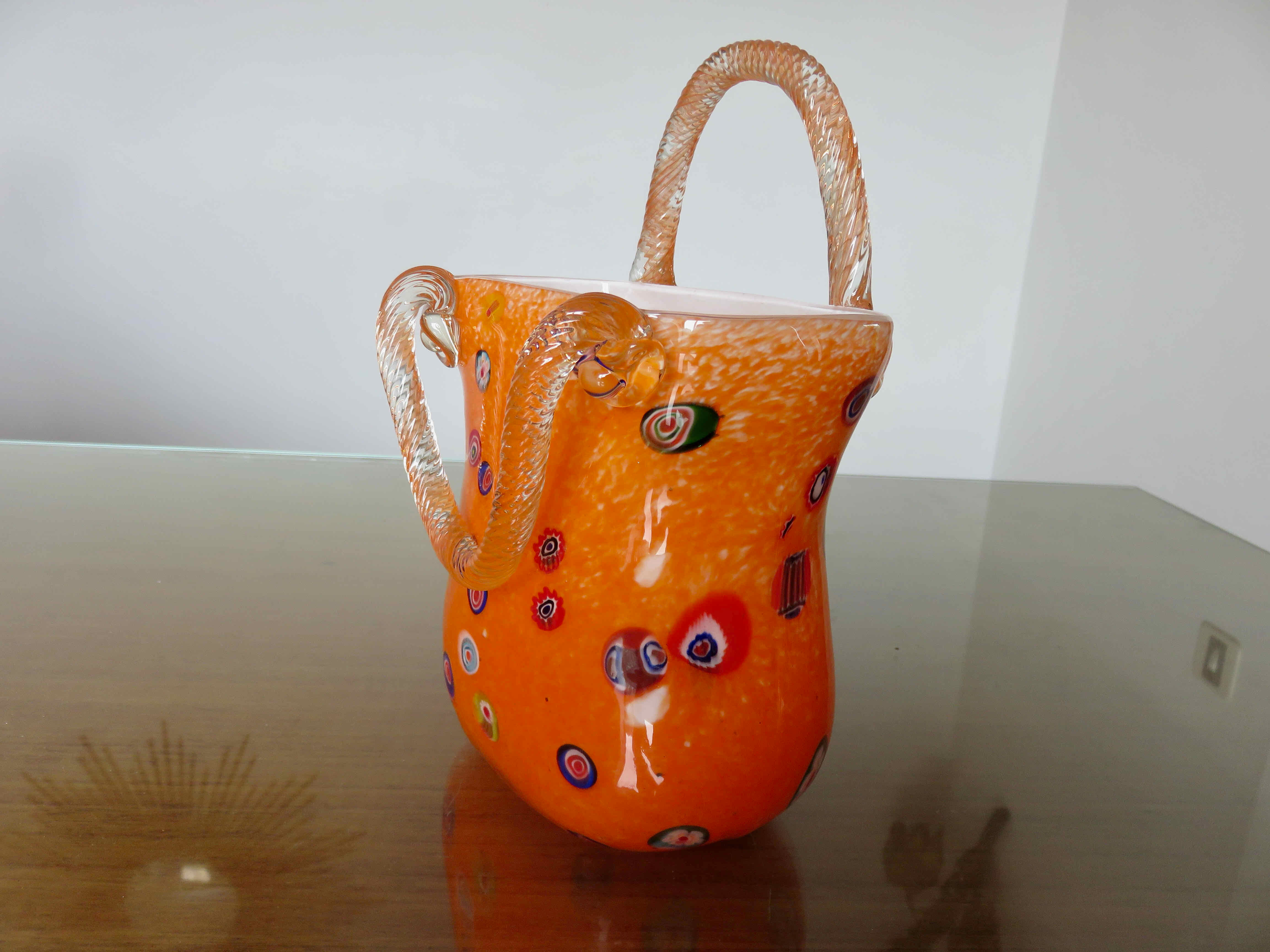 Vase "handbag" in orange Murano glass 60s 70s