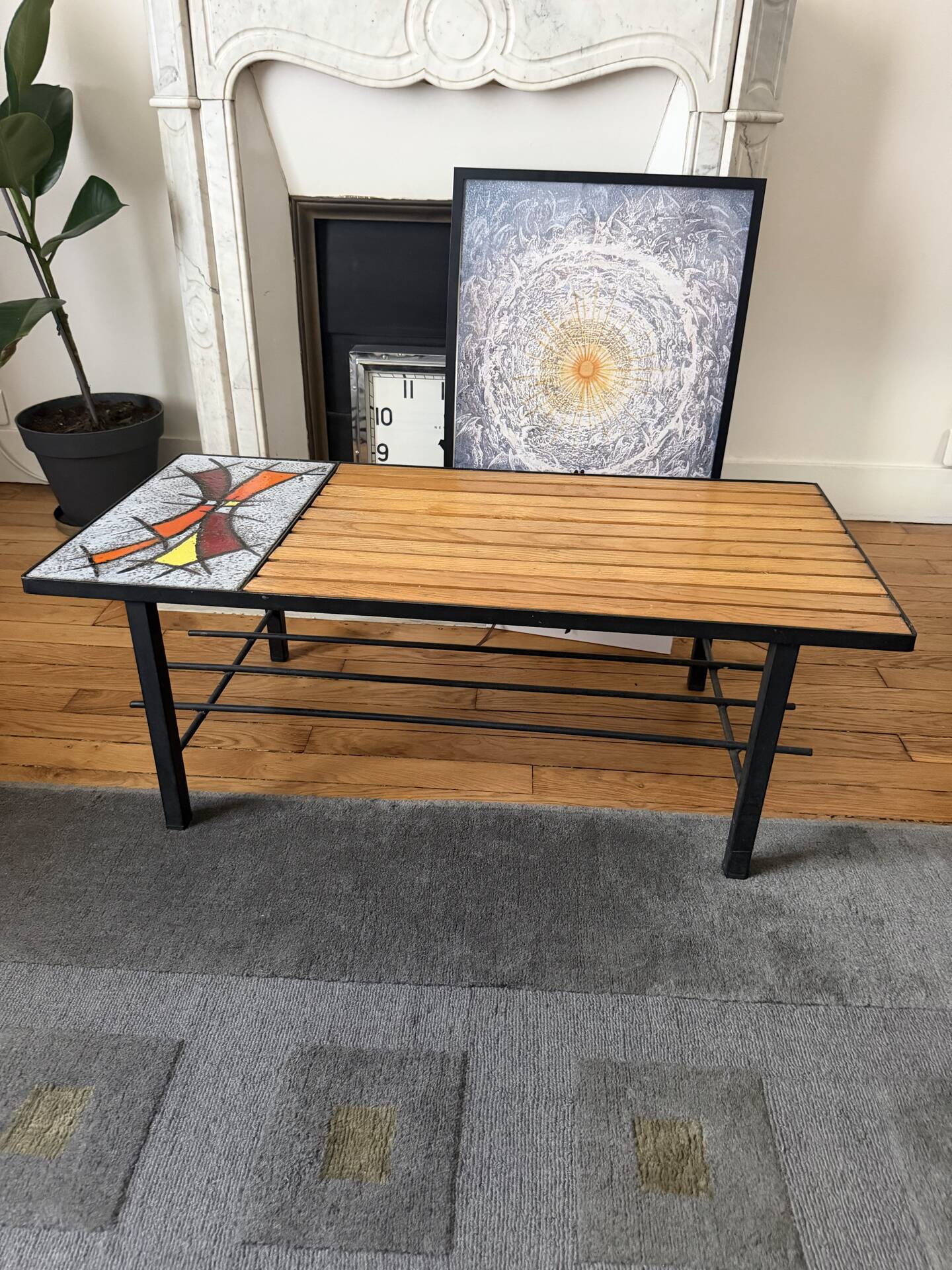 Table basse vintage années 1960 en bois, pierre de lave émaillée et fe