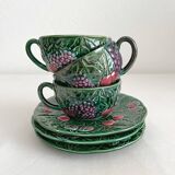 3 earthenware cups and saucers in barbotine fruit decor Salins vintage
