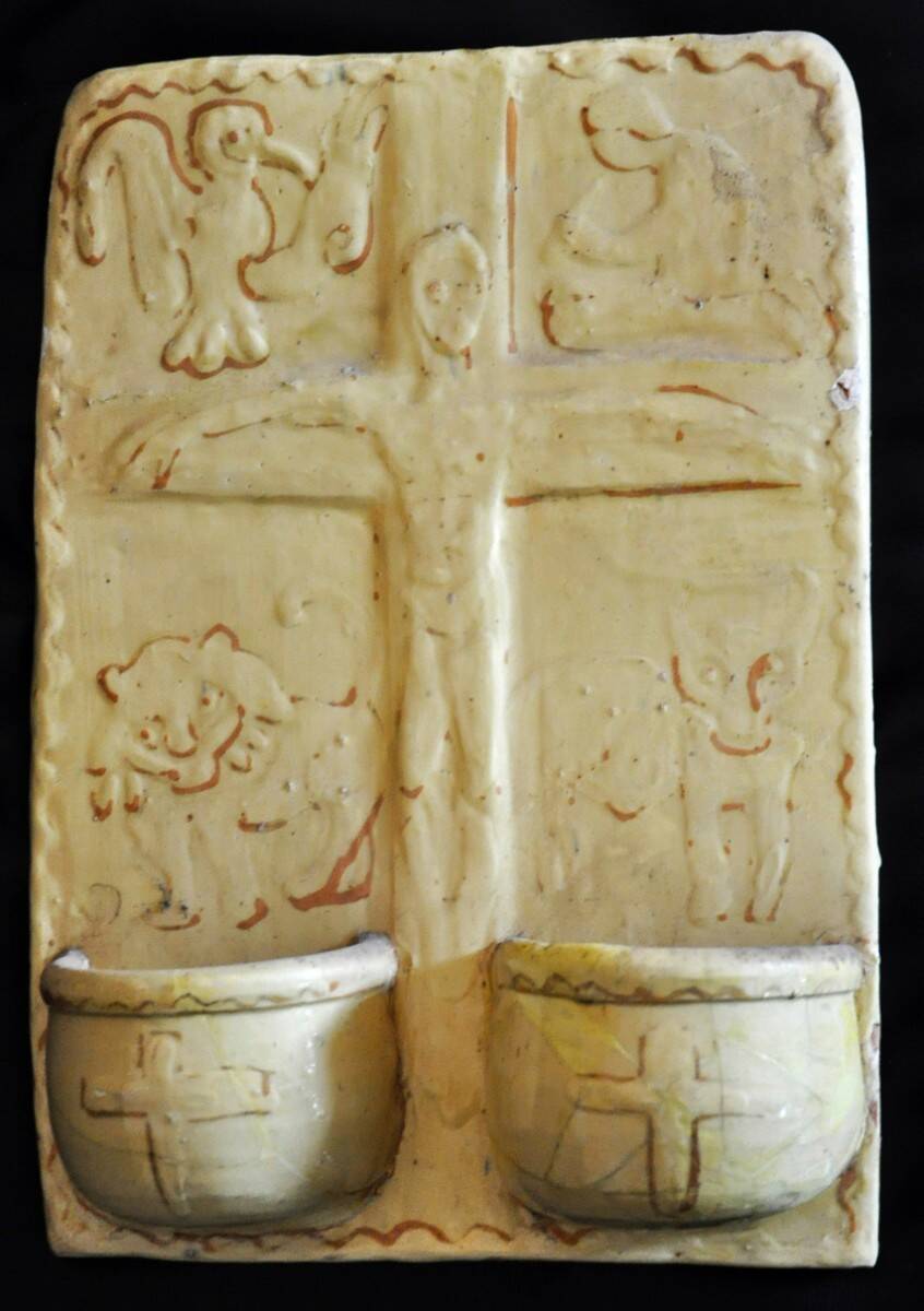 Terracotta plaque signed MSD Anne Dangar Moly-Sabata enamelled with double holy water font
