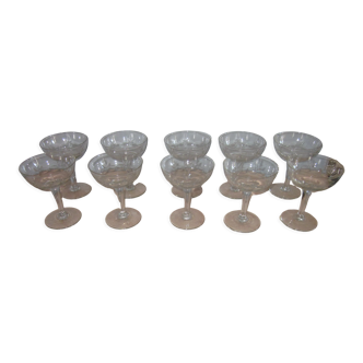 Set of 10 antique champagne glasses in cut glass