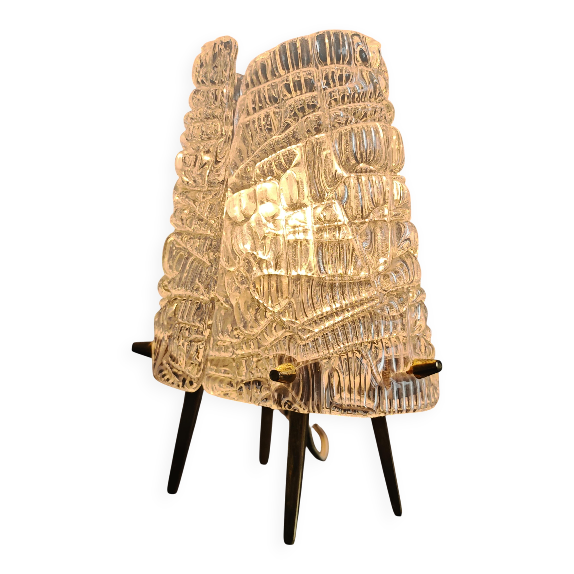 Lampe de table MCM "2/2" par JT. Kalmar en verre texturé et socle en laiton
