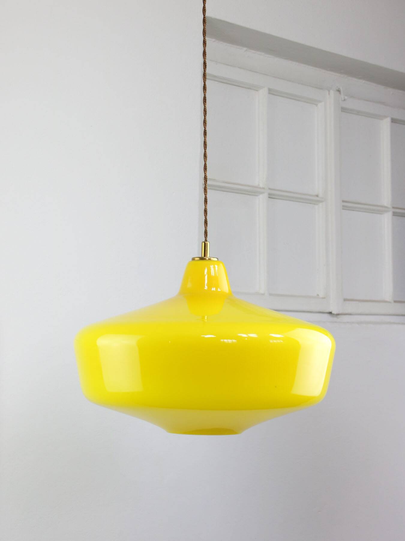Mid-Century Italian Brass and Yellow Glass Pendant Lamp