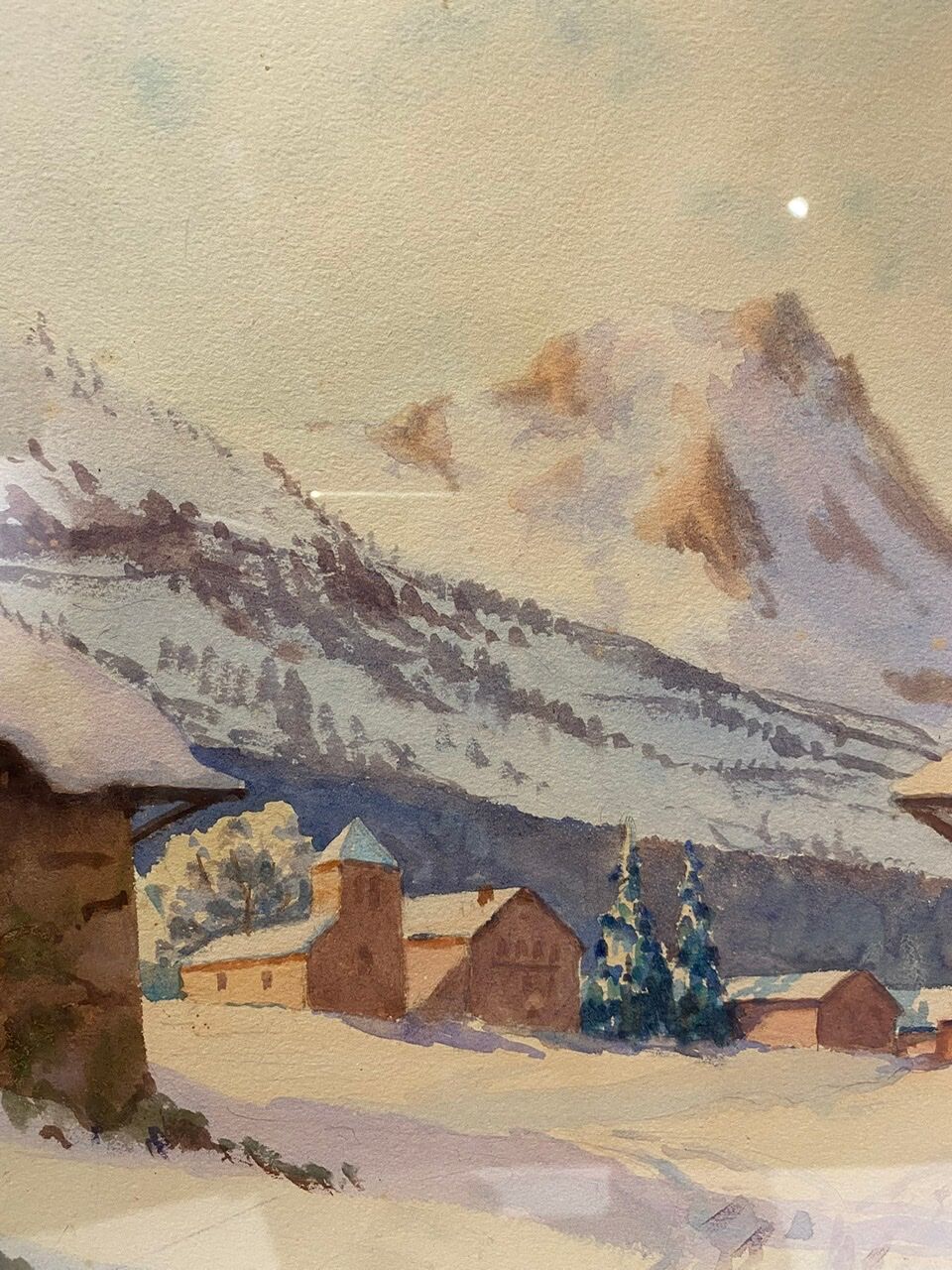 Old painting, snow landscape signed Salanon, mid-20th century