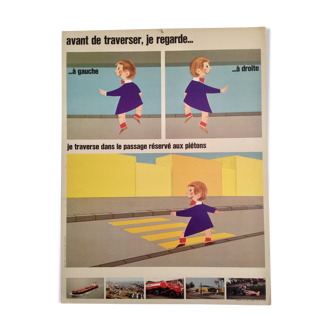 Poster school road safety 1970 before crossing I look