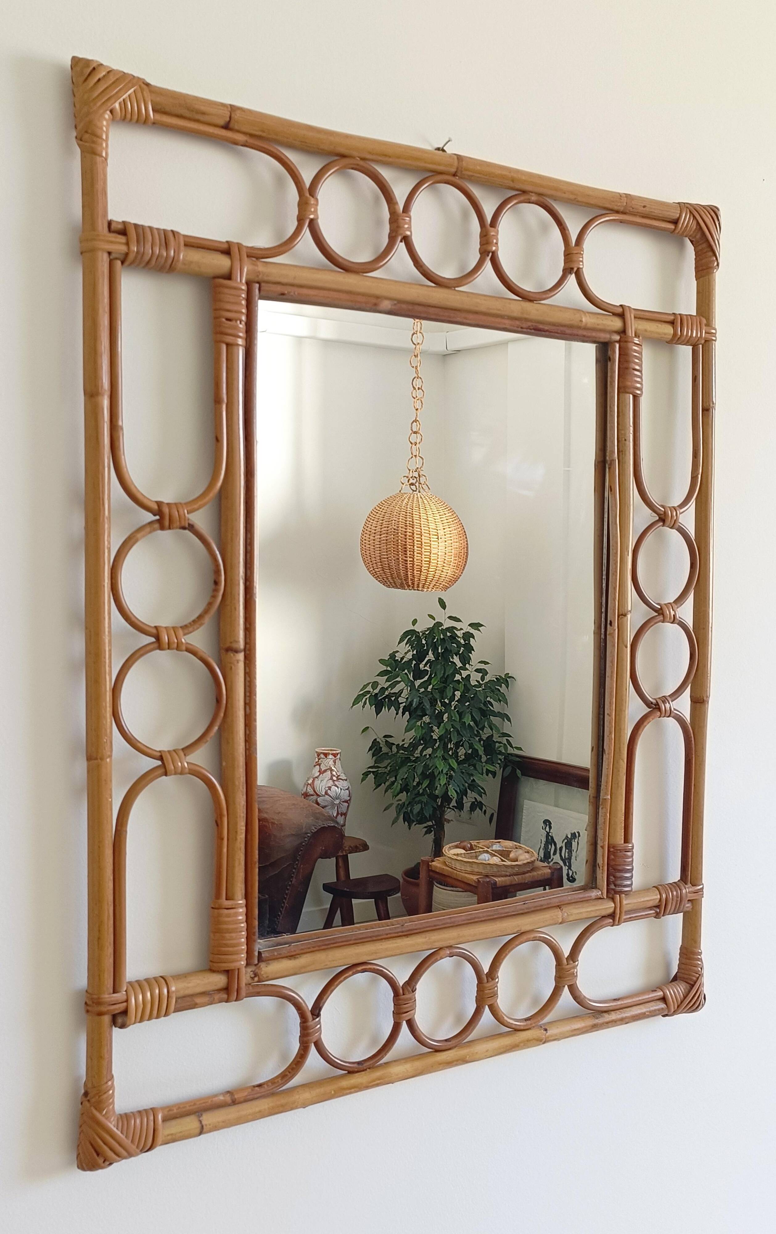 Mid-Century Organic Modern Bamboo & Rattan Mirror, Franco Albini Style, 1960s