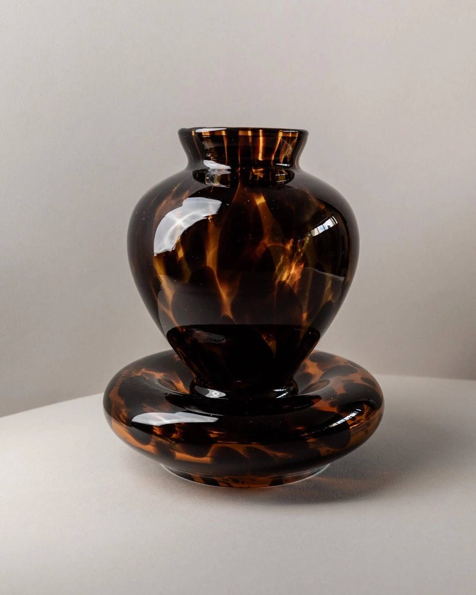 Vintage Murano Glass Vase and Bowl in Tortoise Shell Optic - Amber-Brown Glass Art