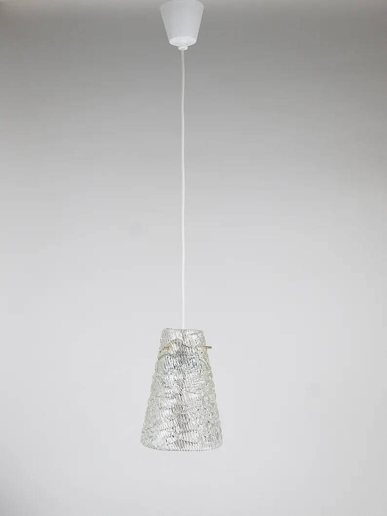 J.T. Kalmar Mid-Century Textured Glass & Brass Pendant Lamp, Austria, 1950s