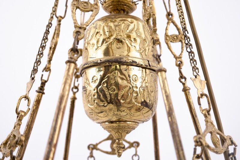 Brass chandelier from the first half of the 20th century.