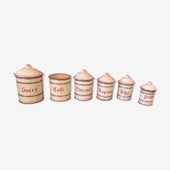 Série 6 pots a épices tôle émaillée vintage